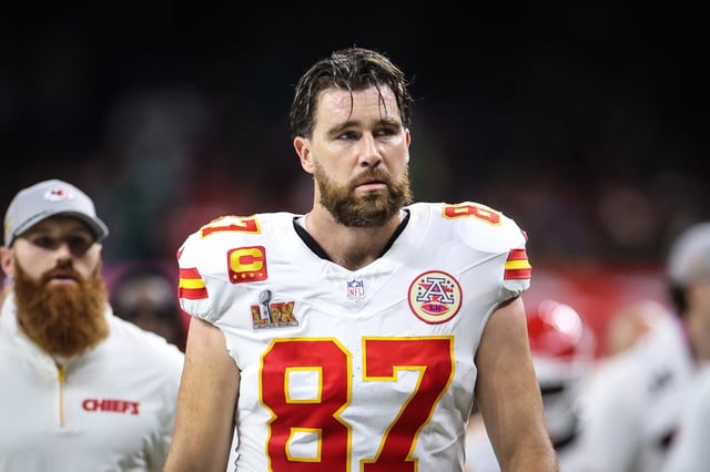 Travis Kelce #87 of the Kansas City Chiefs walks off the field at half time against the Philadelphia Eagles during Super Bowl LIX at Caesars Superdome on Feb. 9, 2025 in New Orleans.