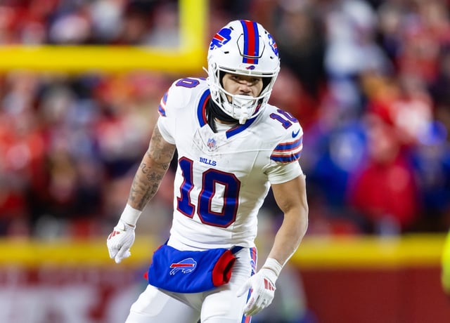 Jan 26, 2025; Kansas City, MO, USA; Buffalo Bills wide receiver Khalil Shakir (10) against the Kansas City Chiefs during the AFC Championship game at GEHA Field at Arrowhead Stadium. Mandatory Credit: Mark J. Rebilas-Imagn Images/File Photo