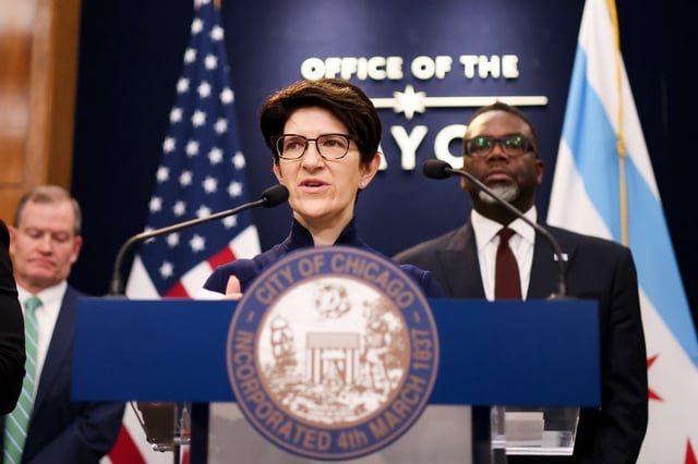 Chief Financial Officer Jill Jaworski answers questions during a press conference at City Hall on Feb. 25, 2025. (Eileen T. Meslar/Chicago Tribune)