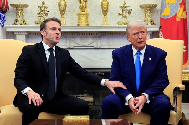 French President Emmanuel Macron and U.S. President Donald Trump meet at the White House in Washington, D.C., U.S., February 24, 2025. REUTERS/Brian Snyder/File Photo