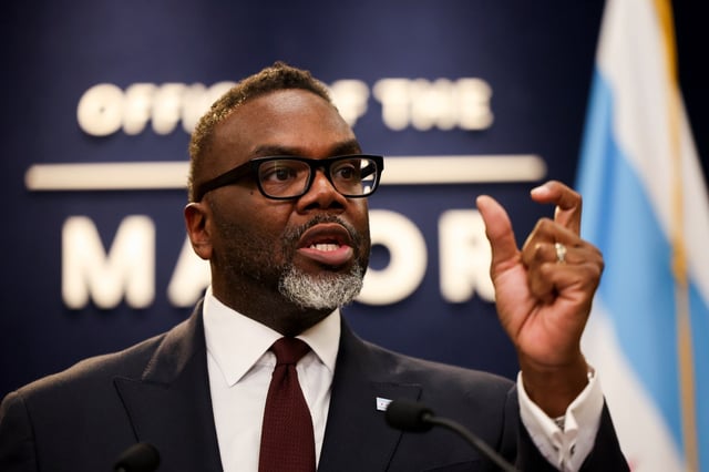 Mayor Brandon Johnson answers questions during a press conference at City Hall on Feb. 25, 2025. (Eileen T. Meslar/Chicago Tribune)