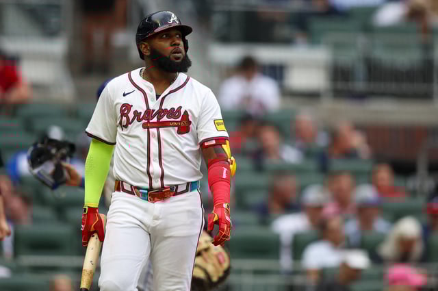 Sep 30, 2024; Atlanta, Georgia, USA; Atlanta Braves designated hitter Marcell Ozuna (20) reacts after a strikeout against the New York Mets in the third inning at Truist Park. Mandatory Credit: Brett Davis-Imagn Images/File Photo
