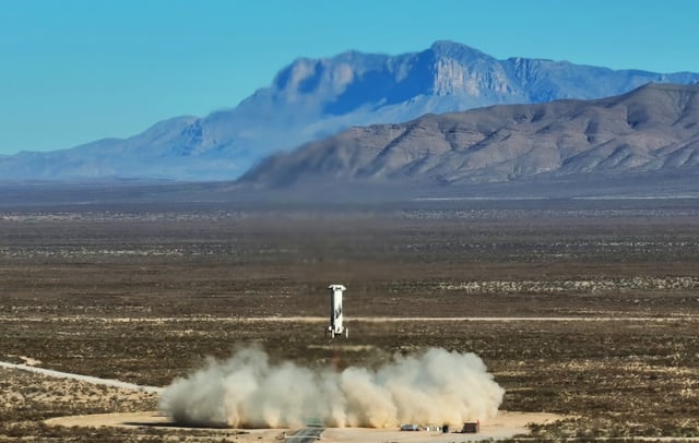 The New Shepard booster lands during the NS-29 mission Feb. 25.