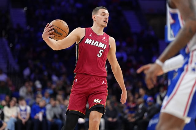 Feb 5, 2025; Philadelphia, Pennsylvania, USA; Miami Heat forward Nikola Jovic (5) controls the ball against the Philadelphia 76ers in the second quarter at Wells Fargo Center. Mandatory Credit: Kyle Ross-Imagn Images/File Photo