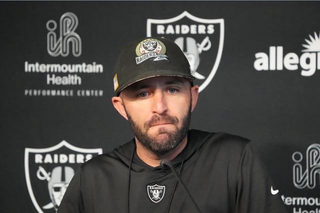 Jul 31, 2023; Henderson, NV, USA;  Las Vegas Raiders offensive coordinator Mick Lombardi during training camp press conference at the Intermountain Health Performance Center. Mandatory Credit: Kirby Lee-USA TODAY Sports/File Photo