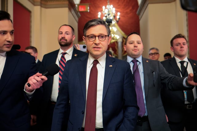 U.S. Speaker of the House Mike Johnson (R-LA) leaves after the House passed the Republican&#39;s budget resolution on the spending bill on February 25, 2025, at the U.S. Capitol in Washington, DC.