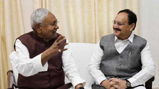 Bihar chief minister Nitish Kumar with BJP national president J.P. Nadda at the state guest house in Patna. (Santosh Kumar/ Hindustan Times)