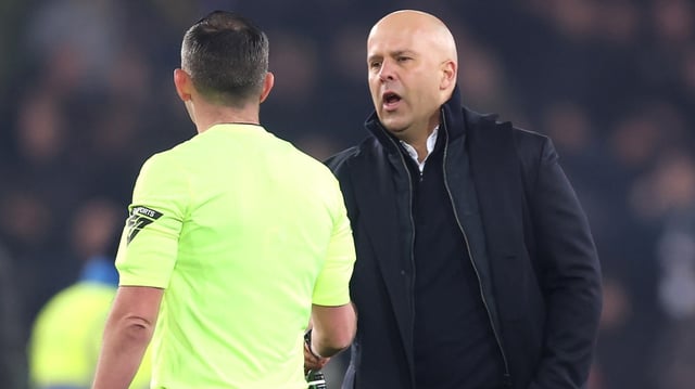 Slot exchanged words with the referee Michael Oliver after Everton’s last-minute equaliser