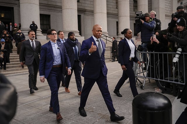 New York City Mayor Eric Adams strides away from a Manhattan courthouse after an appearance there Feb. 19, 2025, in New York. Challenged by legal and political troubles, Mayor Adams' low popularity makes him a long shot for reelection.