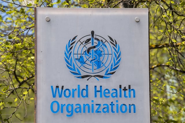 he logo and building of the World Health Organization (WHO) headquarters in Geneva, Switzerland, 15 April 2020.