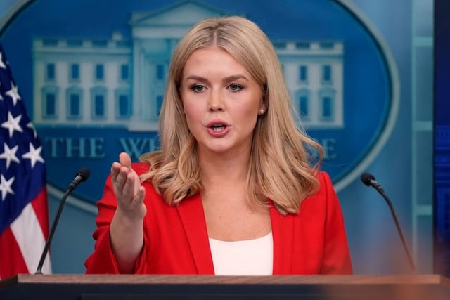 White House press secretary Karoline Leavitt speaks during a press briefing at the White House on Tuesday. (AP Photo/Evan Vucci)