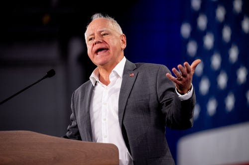 Democratic vice presidential candidate Minnesota Gov. Tim Walz speaks at a rally at York Exposition Center UPMC Arena on October 2, 2024 in York, Pennsylvania.