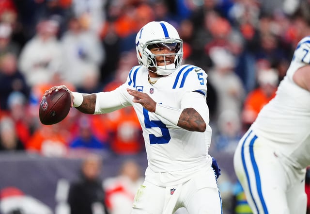 Dec 15, 2024; Denver, Colorado, USA; Indianapolis Colts quarterback Anthony Richardson (5) prepares to pass the ball in the second half against the Denver Broncos at Empower Field at Mile High. Mandatory Credit: Ron Chenoy-Imagn Images/File Photo