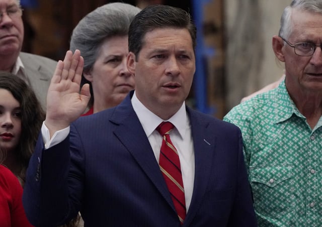 Oklahoma State Senator Shane Jett takes his oath of office as a State Senator during a ceremony in Oklahoma City, on Monday, Nov. 16, 2020.