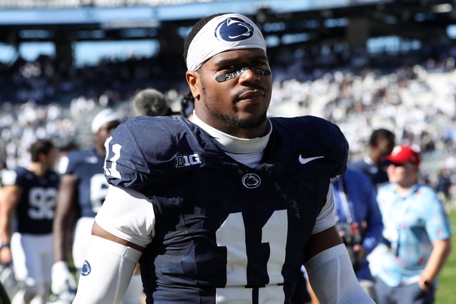 Oct 5, 2024; University Park, Pennsylvania, USA; Penn State Nittany Lions defensive end Abdul Carter (11) walks off the field following the game against the UCLA Bruins at Beaver Stadium. Mandatory Credit: Matthew O'Haren-Imagn Images/File Photo