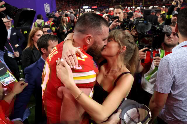 Travis Kelce of the Kansas City Chiefs and Taylor Swift embrace after defeating the San Francisco 49ers in overtime during Super Bowl LVIII at Allegiant Stadium on February 11, 2024 in Las Vegas.