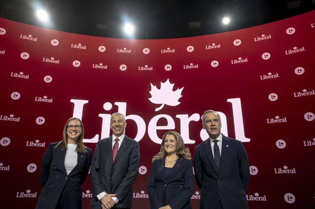 L-R: Former House Leader Karina Gould, former Liberal MP Frank Baylis, former Finance Minister and Deputy Prime Minister of Canada Chrystia Freeland, and former Governor of the bank of Canada Mark Carney in Montreal on February 25, 2025.