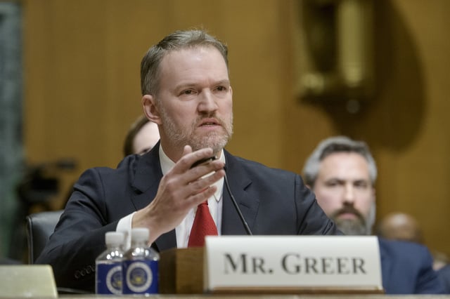 FILE - Jamieson Greer, President Donald Trump's nominee to be United States Trade Representative, with the rank of Ambassador, appears before the Senate Committee on Finance for his pending confirmation on Capitol Hill, Feb. 6, 2025, in Washington. (AP Photo/Rod Lamkey, Jr., File)