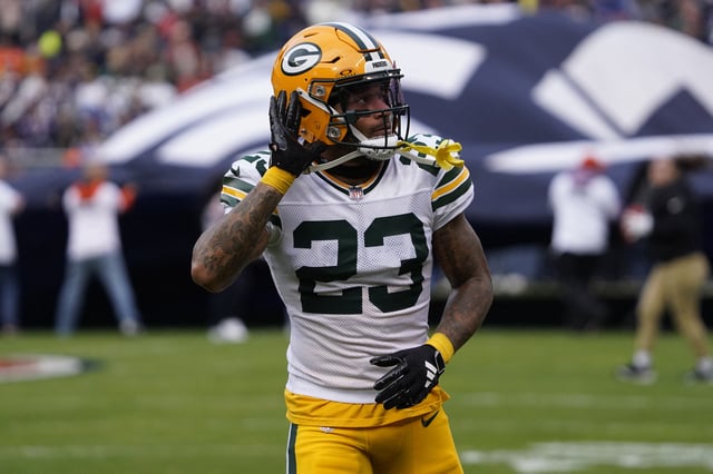 Nov 17, 2024; Chicago, Illinois, USA; Green Bay Packers cornerback Jaire Alexander (23) gestures to the fans before the game against the Chicago Bears at Soldier Field. Mandatory Credit: David Banks-Imagn Images/File Photo