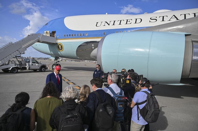 President Donald Trump speaks to reporters.