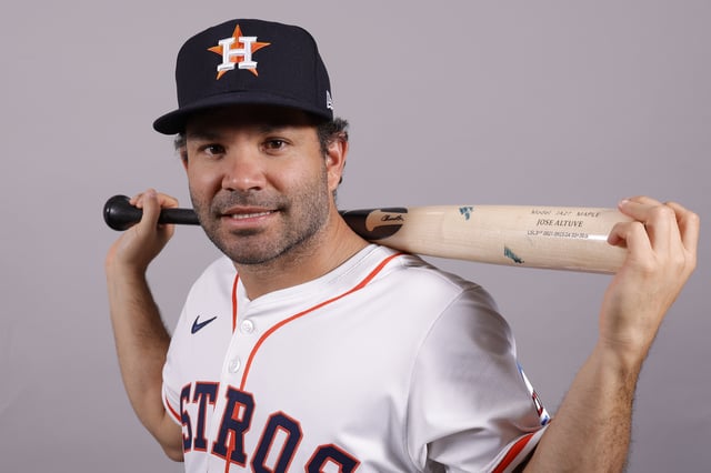 Feb 20, 2025; West Palm Beach, FL, USA;  Houston Astros second base Jose Altuve (27) poses for a photo at the Houston Astros media day. Mandatory Credit: Reinhold Matay-Imagn Images/File Photo