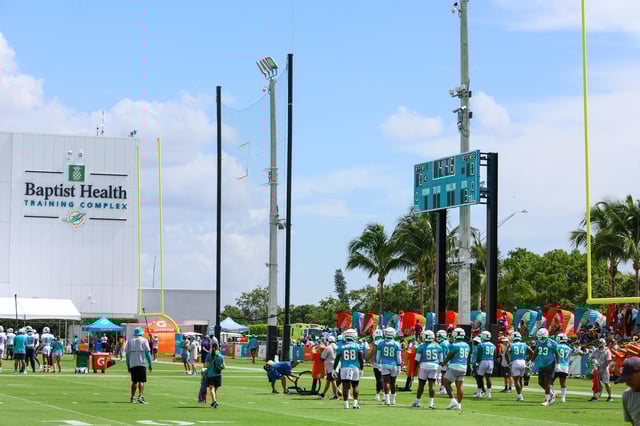 Jul 28, 2024; Miami Gardens, FL, USA; Miami Dolphins players work out during training camp at Baptist Health Training Complex. Mandatory Credit: Sam Navarro-USA TODAY Sports/File Photo