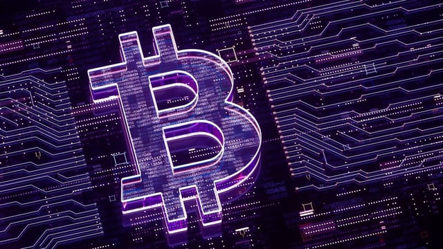 Digitally generated image of a bitcoin symbol on a glowing circuit board.