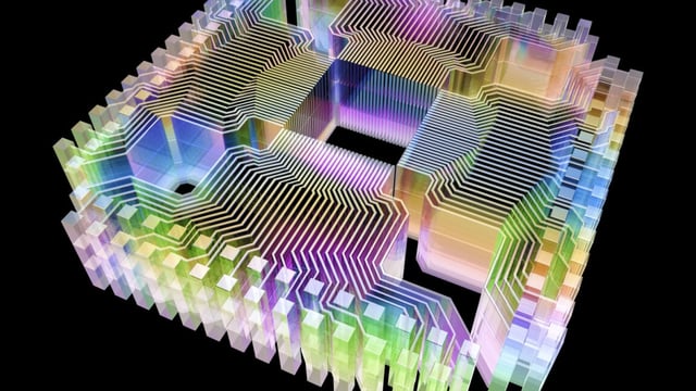 Multicolored graphic representing the wiring needed to connect a processing chip to hardware, set against a back backdrop.