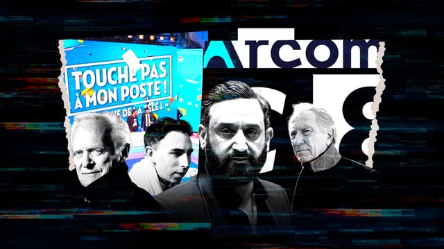 De gauche à droite, les animateurs Philippe Labro, Jordan De Luxe, Cyril Hanouna et William Leymergie, dont les émissions prennent fin avec l’arrêt de la chaîne C8 vendredi 27 février à 23h59.
