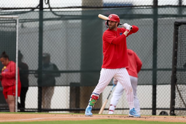 Feb 19, 2025; Clearwater, FL, USA;  Philadelphia Phillies first base Bryce Harper (3) take live batting practice during  spring training workouts at BayCare Ballpark. Mandatory Credit: Nathan Ray Seebeck-Imagn Images/File Photo