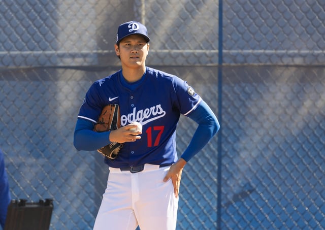 Feb 25, 2025; Phoenix, Arizona, USA; Los Angeles Dodgers pitcher Shohei Ohtani (17) during workouts at Camelback Ranch-Glendale. Mandatory Credit: Mark J. Rebilas-Imagn Images/File Photo