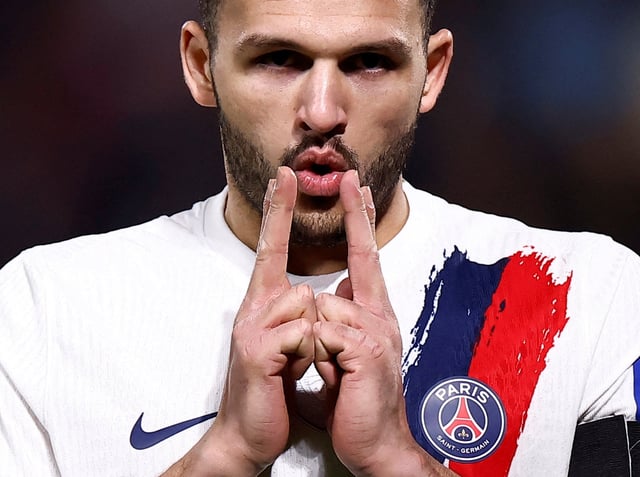 Soccer Football - Coupe de France - Quarter Final - Stade Briochin v Paris St Germain - Roazhon Park, Rennes, France - February 26, 2025 Paris St Germain's Goncalo Ramos celebrates scoring their third goal REUTERS/Stephane Mahe