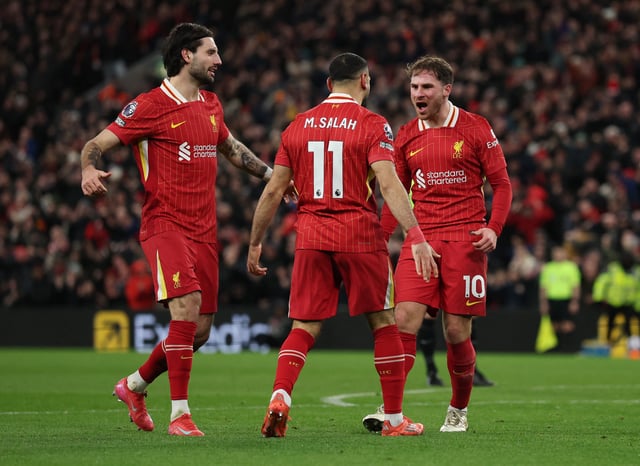 Soccer Football - Premier League - Liverpool v Newcastle United - Anfield, Liverpool, Britain - February 26, 2025 Liverpool's Alexis Mac Allister celebrates scoring their second goal with Mohamed Salah and Dominik Szoboszlai REUTERS/Phil Noble