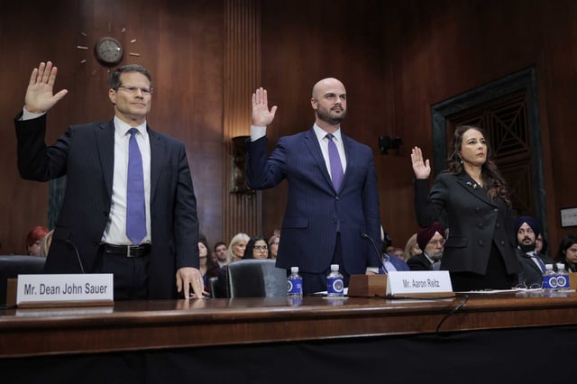 (From left) Dean John Sauer, U.S. solicitor general nominee, Aaron Reitz, assistant attorney general for the Justice Department&#39;s Office of Legal Policy, nominee and Harmeet Dhillon, assistant Attorney General for Civil Rights nominee, are sworn in during their confirmation hearing before the Senate Judiciary Committee on Feb. 26, 2025, in Washington, D.C.
