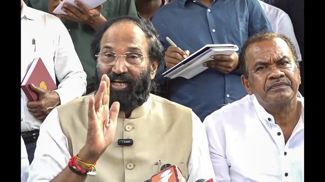 Telangana irrigation minister N Uttam Kumar Reddy addresses a press conference in Nagarkurnool district on Wednesday. (PTI)