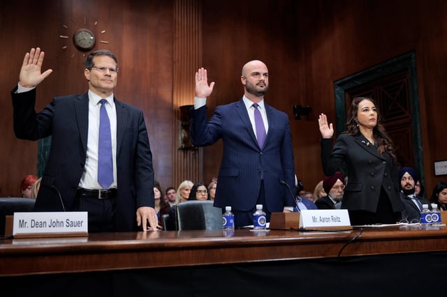 John D. Sauer, Aaron Reitz and Harmeet Dhillon are sworn in during their confirmation hearing before the Senate Judiciary Committee in the Dirksen Senate Office Building on Capitol Hill on February 26 in Washington, DC.
