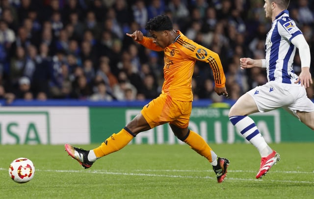 Soccer Football - Copa del Rey - Semi Final - First Leg - Real Sociedad v Real Madrid - Reale Arena, San Sebastian, Spain - February 26, 2025 Real Madrid's Endrick scores their first goal REUTERS/Vincent West