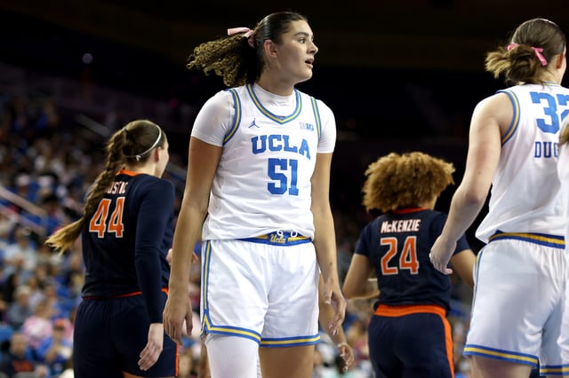 Lauren Betts #51 of the UCLA Bruins reacts to a play during the second quarter against the Illinois Fighting Illini at UCLA Pauley Pavilion on February 20, 2025 in Los Angeles, California.