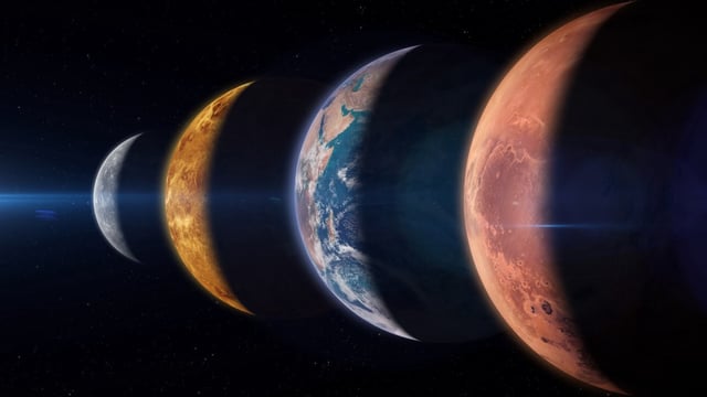 Stargazers will not get quite such a spectacular view as this of Mercury, Venus, Earth and Mars, but their line-up will be visible to the naked eye