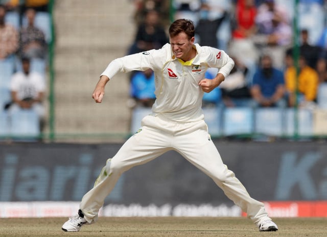 Cricket - Second Test - India v Australia - Arun Jaitley Stadium, New Delhi, India - February 18, 2023 Australia's Matthew Kuhnemann celebrates after taking the wicket of India's Virat Kohli REUTERS/Adnan Abidi/File Photo