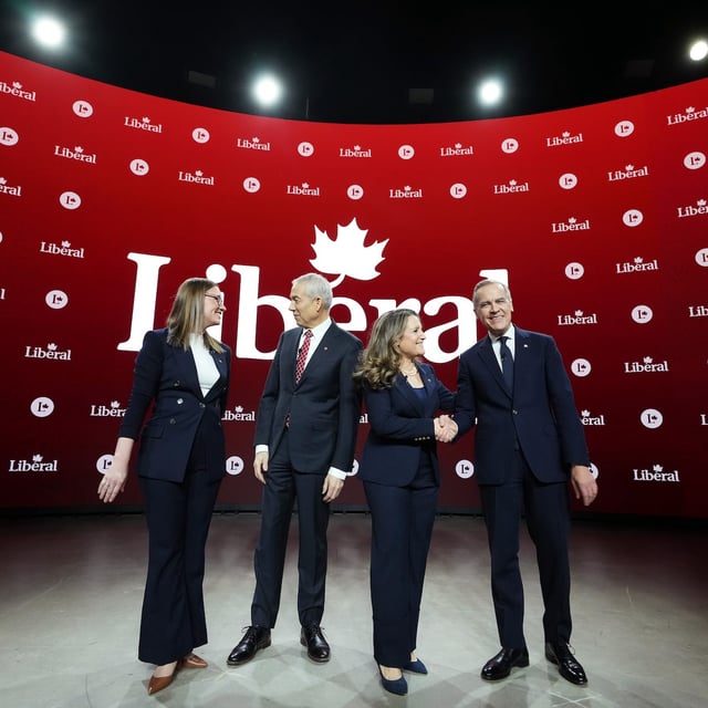 Liberal Party of Canada leadership candidates Karina Gould, Frank Baylis, Chrystia Freeland and Mark Carney greet one another prior to the English-language Liberal leadership debate in Montreal on Tuesday, Feb. 25, 2025. The federal Liberals will pick a new leader on March 9. THE CANADIAN PRESS/Christinne Muschi