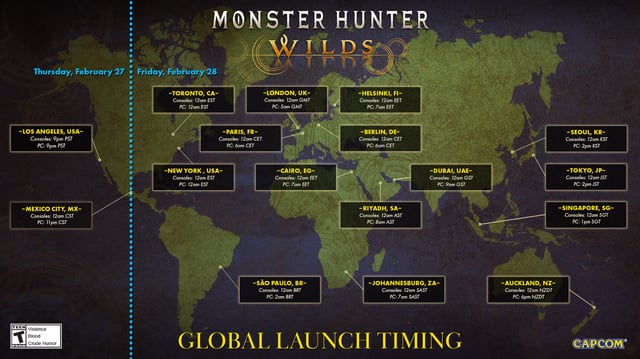 A map of the world showing the release times for Monster Hunter Wilds