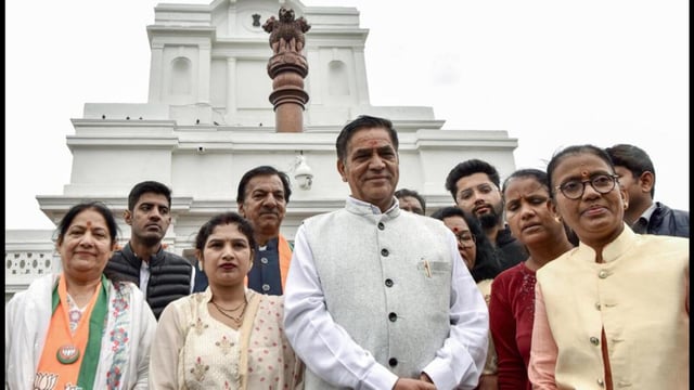 BJP lawmaker Mohan Singh Bisht outside the assembly. (ANI )