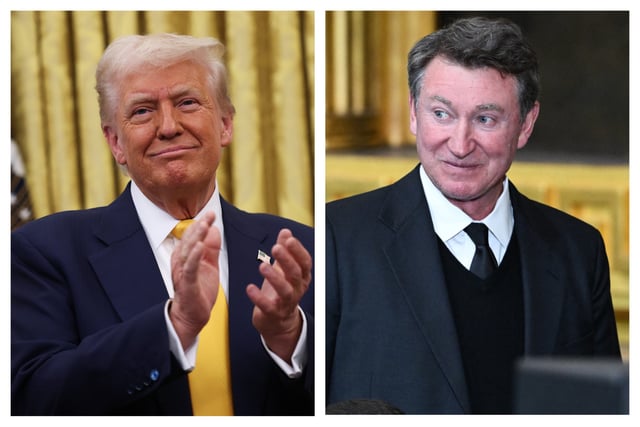 (Left) President Donald Trump applauds after Howard Lutnick was sworn in as U.S. Commerce Secretary in the Oval Office at the White House on February 21, 2025 in Washington, DC. (Right) Wayne Gretzky arrives for the inauguration ceremony before Trump is sworn in as the 47th President in the US Capitol Rotunda in Washington, DC, on January 20, 2025.