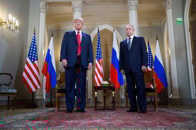 US President Donald Trump and Russian President Vladimir Putin meeting at the Presidential Palace in Helsinki in 2018. Photo: Pablo Martinez Monsivais