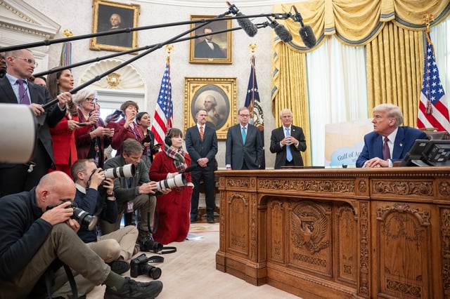 Trump speaking to reporters in the Oval Office