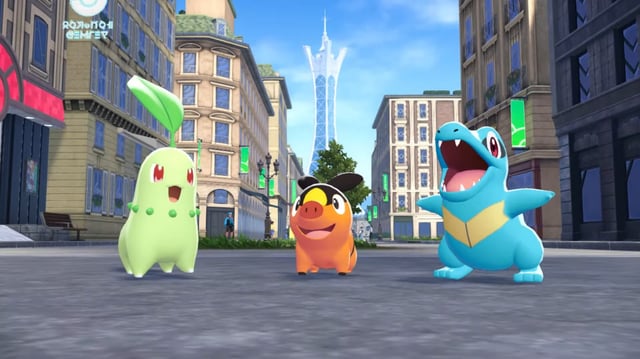 Chikorita, Tepig, and Totodile standing in the streets of Lumiose City in Pokémon Legends: Z-A.