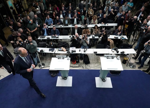 German conservative candidate for chancellor and Christian Democratic Union (CDU) party leader Friedrich Merz attends a press conference following the general election in Berlin, Germany, February 24, 2025. REUTERS/Fabrizio Bensch/File Photo