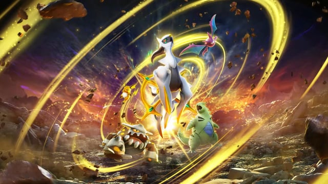 Arceus in the center of a wave of energy surrounded by Heatran, Tyranitar, Crobat, and Raichu.