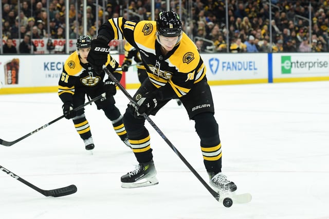 Jan 30, 2025; Boston, Massachusetts, USA;  Boston Bruins center Trent Frederic (11) tries to gain control of the puck during the first period against the Winnipeg Jets at TD Garden. Mandatory Credit: Bob DeChiara-Imagn Images/File Photo